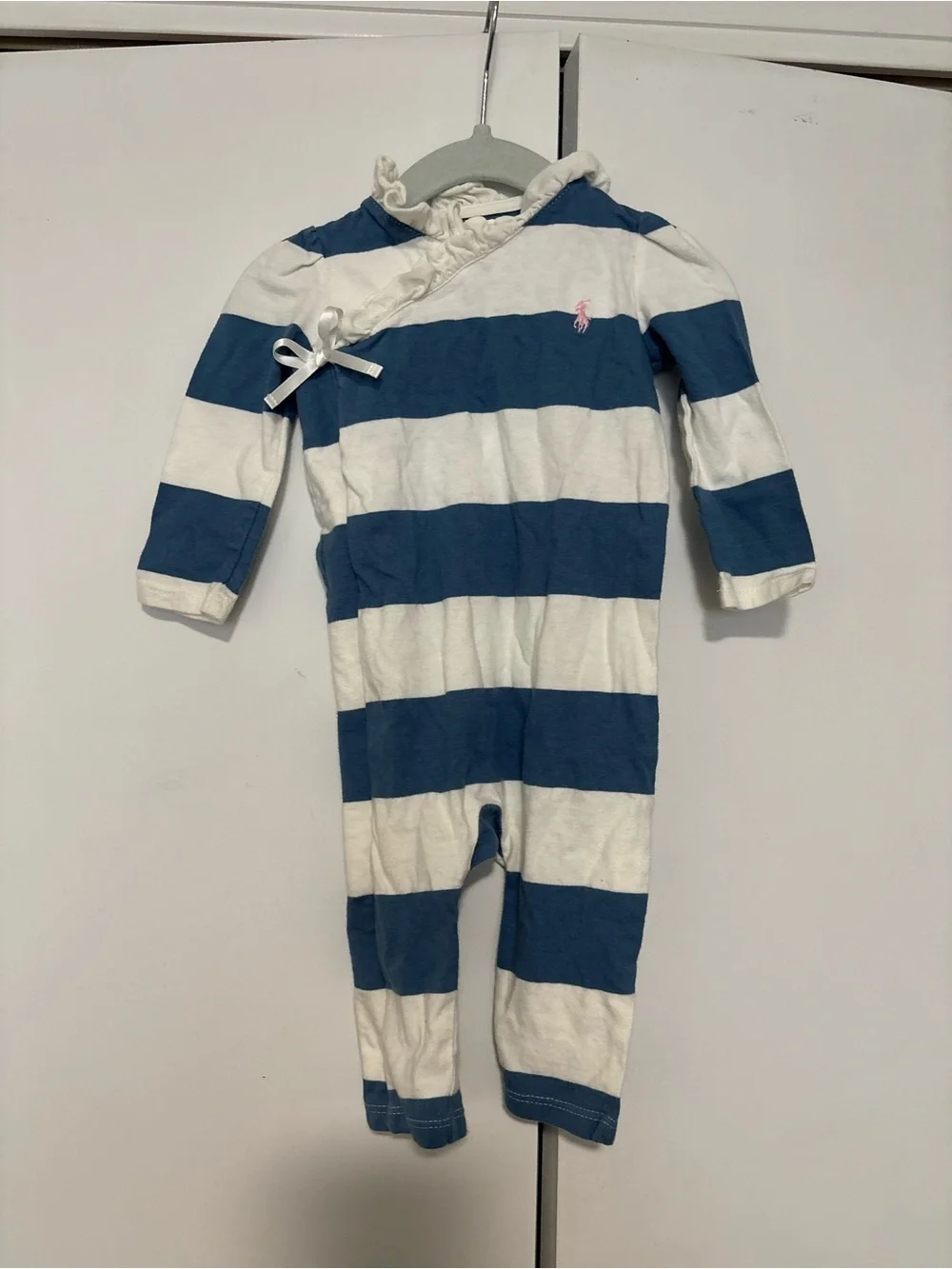 Ralph Lauren 6 month baby girl blue & White Striped Baby One-Piece ruffle trim